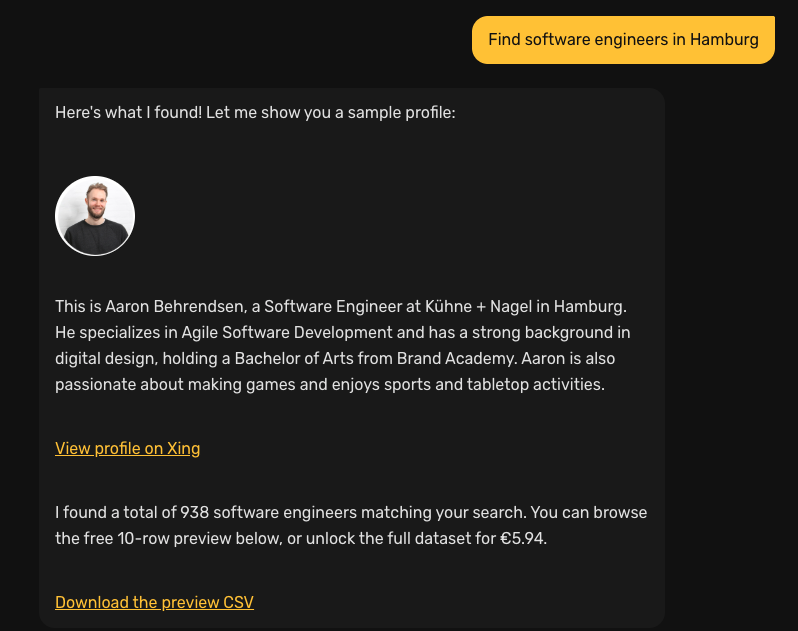 AI response with sample profile