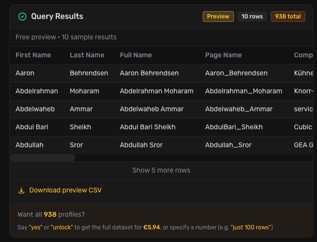 Preview table with downloadable results